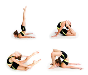 Collection of photos flexible cute little girl child gymnast doing acrobatic exercise isolated on a...