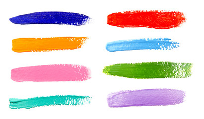 Collection of photos paint brush strokes texture blue yellow red pink green lilac purple watercolor isolated - 315073404