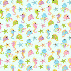 Seamless baby pattern with fish in sea. Bright children cartoon background with sea horse and jellyfish in ocean. Baby shower pattern
