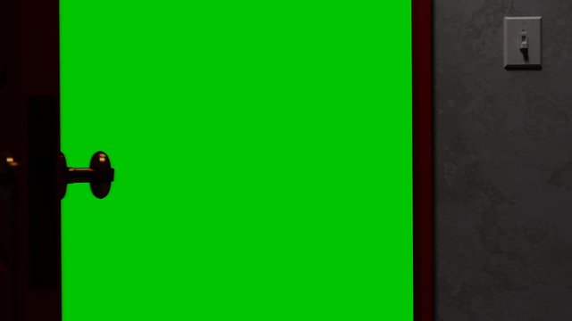 Wood door opening to green screen. 3d cgi 4K UHD 60 fps animation