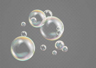 Realistic soap bubbles with rainbow reflection set isolated vector illustration