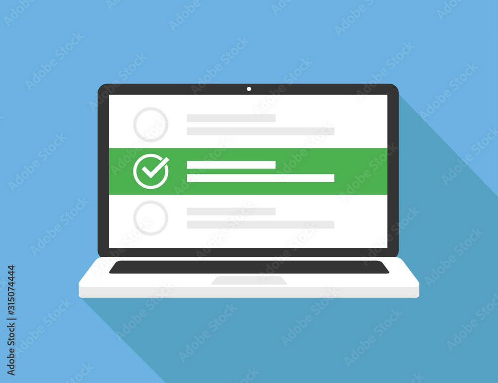 Poster vector laptop with checklist on blue background with shadow. isolated vector illustration. online su