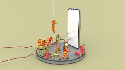 Smartphone white screen with objects in front of, A group of fire fighters are helping to put out the fire, and fire extinguishers are placed on the floor, Isolated on Yellow background, 3D rendering.