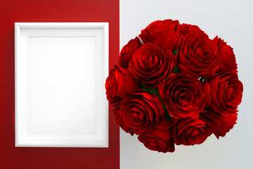 Valentines template card with frame and red roses bouquet on a red and white background 3d rendering. 3d illustration sweet heart and Valentines Day greeting card template minimal concept.