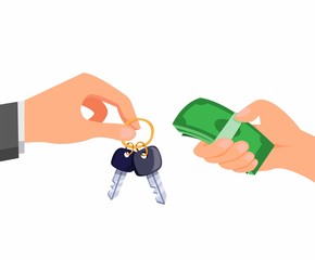 People sell, buy or trade, human hand holding key and money business transaction cartoon flat illustration vector isolated in white background