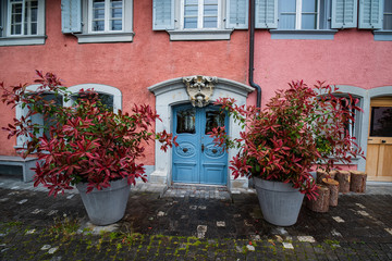 Fototapeta na wymiar Beautiful baroque door in old house and two flowerpots with red leaf plants, Zug, Switzerland