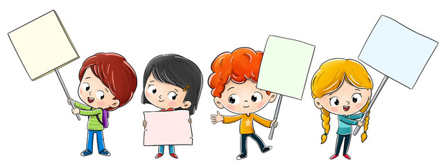 Group of boy with posters and banners at a demonstration