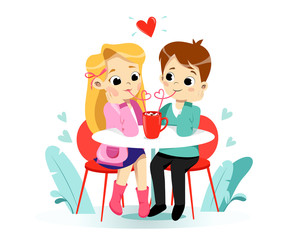 Smiling happy cartoon preschool boy and girl kids enjoying drinking cocoa with marshmallow. Children cartoon characters. Flat style. Vector illustration