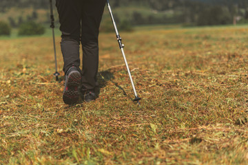 Female hiker is trekking in alpine countryside landscape in autumn