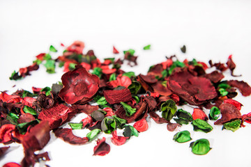 Dry rose petals and leaves. Abstract composition of love.