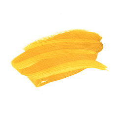 Naklejka premium Yellow brush paint paper texture isolated stroke on white background for print, card, tag. Hand drawn striped illustration element for wallpaper, text and design