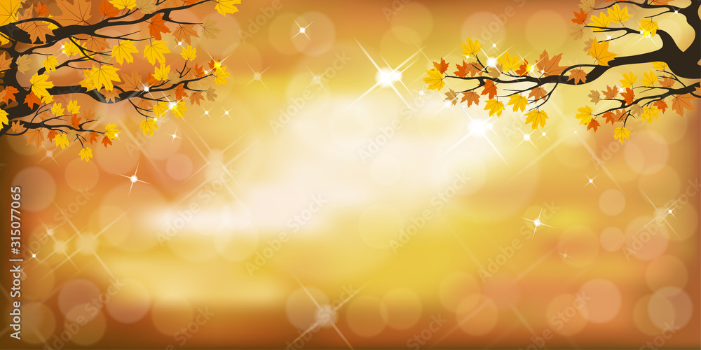 Aufkleber vector autumn design with branches tree in orange and red leaves on blurry bokeh background, fall se
