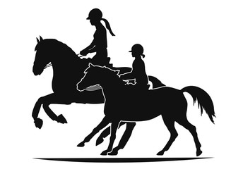 Riders on a horse and a pony galloping nearby, silhouettes