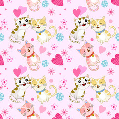 Cute cat with heart shape seamless pattern.