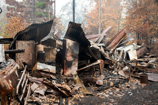 Australian bushfire aftermath: Burnt building ruins and rubble at Blue Mountains, Australia