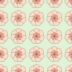 Seamless background with fantastic decorative beige flowers on light green background. Endless pattern for your design. Vector.