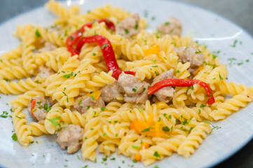 Italian pasta with meat, cheese, spices, parsley and red tomato sauce. Gourmet traditional food