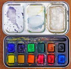 A colorful palette of watercolor artist paints
