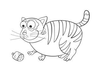 Cat with sausage. Funny character. Coloring book. Print. Vector illustratio