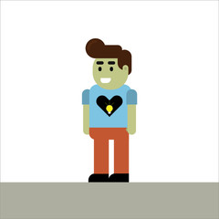 cartoon joyful boy in blue t-shirt with love heart pattern. Vector illustration