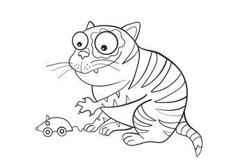 Fototapeta premium Cat with mouse. Funny character. Coloring book. Print. Vector illustration