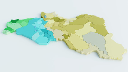 Maps of Syria, Iraq and Iran colored- 3D Rendering