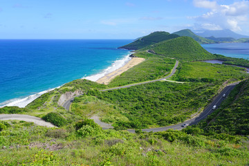 Landscape view of the Caribbean Sea and Atlantic Ocean looking south of St Kitts island from the...