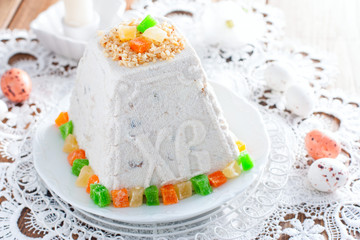 Traditional holiday cottage cheese dessert for Easter on a white dish decorated with candied fruit, horizontal