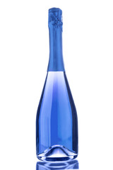 Bottle of blue sparkling wine isolated on white. Vertical format. Romantic present. Close up.