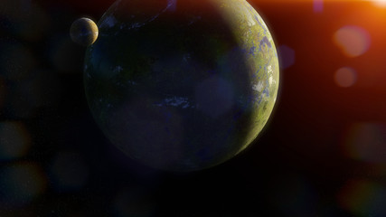 Earth like alien planet with moon lit by a distant sun