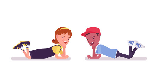 School boy and girl having fun, lying on stomach. Cute small children after study, active young kids, smart elementary pupils aged between 7, 9 years old. Vector flat style cartoon illustration