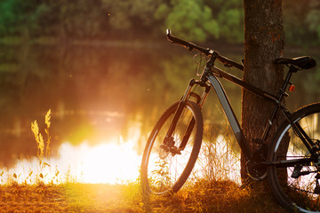 Fototapeta na wymiar Bicycle on the river Bank at sunset . Lifestyle concept