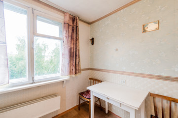 Russia, Moscow- September 07, 2019: interior room apartment modern bright cozy atmosphere. general cleaning, home decoration, preparation of house for sale. kitchen, dining area