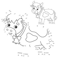 Educational Puzzle Game for kids: numbers game. Cartoon cow with bell. Farm animals. Coloring book for children.