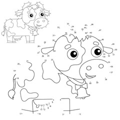Educational Puzzle Game for kids: numbers game. Cartoon cow with bell. Farm animals. Coloring book for children.