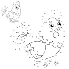 Educational Puzzle Game for kids: numbers game. Cartoon rooster. Farm animals. Coloring book for children.