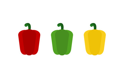 Three bell peppers. Red, green, yellow paprika set on white background. Sweet peppers flat style. Colorful vegetables. Organic food. Agricultural product. Healthy antioxidant diet. Vector illustration