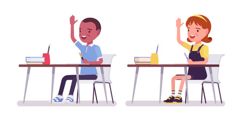 School boy and girl at desk raising hands to answer questions in class. Cute small children on study, active young kids, smart elementary pupils, 7, 9 years old. Vector flat style cartoon illustration