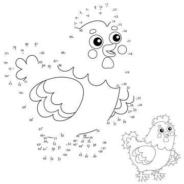 Puzzle Game for kids: numbers game. Cartoon chicken or hen. Farm animals. Coloring book for children.