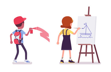 School boy and girl spray painting, drawing with easel. Cute small children on study, active young kids, smart elementary pupils aged between 7 and 9 years old. Vector flat style cartoon illustration
