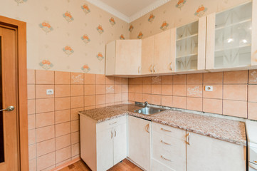 Russia, Moscow- September 07, 2019: interior room apartment modern bright cozy atmosphere. general cleaning, home decoration, preparation of house for sale. kitchen, dining area