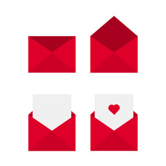 This is red envelope and paper, heart. Love letter on white background. Outline vector envelope isolated on white background.