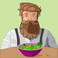 Man or hipster eating healthy organic food. Vegetarian salad with cucumber and tomatoes. Stock vector illustration