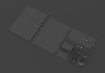 Base black stationery mockup template for branding identity on dark background for graphic designers presentations and portfolios. Embossing stamp. 3D rendering.