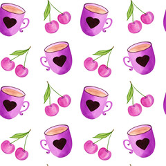 Saint Valentine seamless pattern with mug, heart and cherries