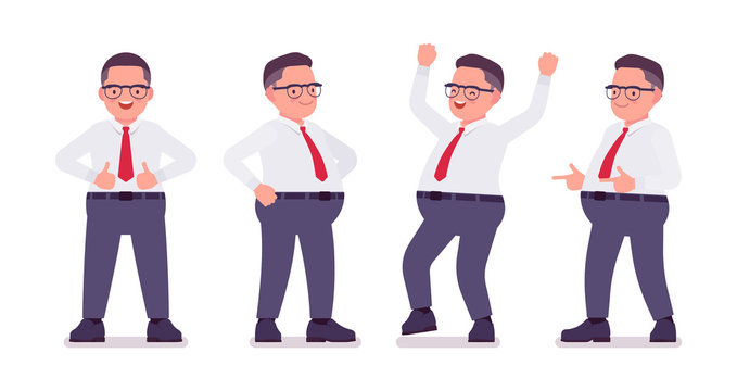 Fat male clerk busy in positive emotions. Heavy middle aged business guy, office manager and civil service worker, typical employee in a plus size formal wear. Vector flat style cartoon illustration
