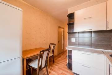 Russia, Moscow- September 08, 2019: interior room apartment modern bright cozy atmosphere. general cleaning, home decoration, preparation of house for sale. kitchen, dining area