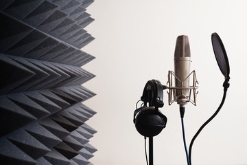 Recording studio equipment: microphone, acoustic foam, headphones