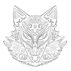 Wild beautiful fox head hand draw on a white background. Print. Color book vector illustration