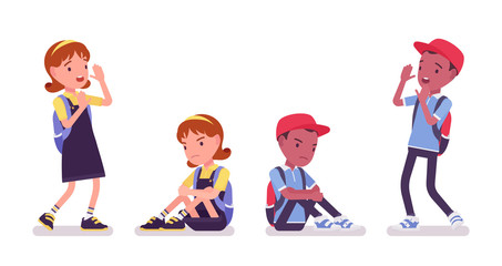 School boy and girl in casual wear scared and sad. Cute small children with rucksack, active young kids, smart elementary pupils aged between 7 and 9 years old. Vector flat style cartoon illustration